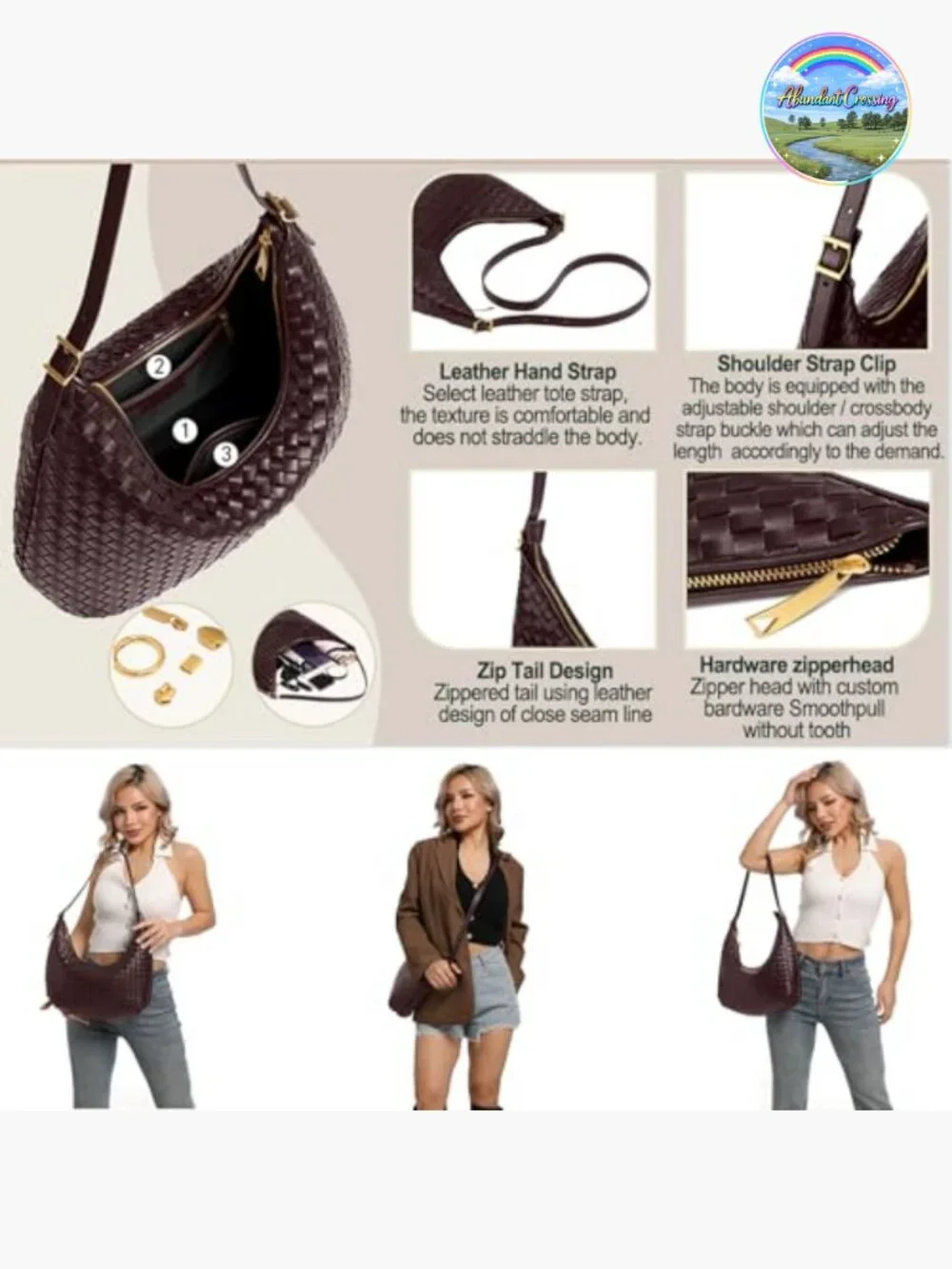 Woven Hobo Bag Crossbody Tote Shoulder Purse with Pockets Handbag